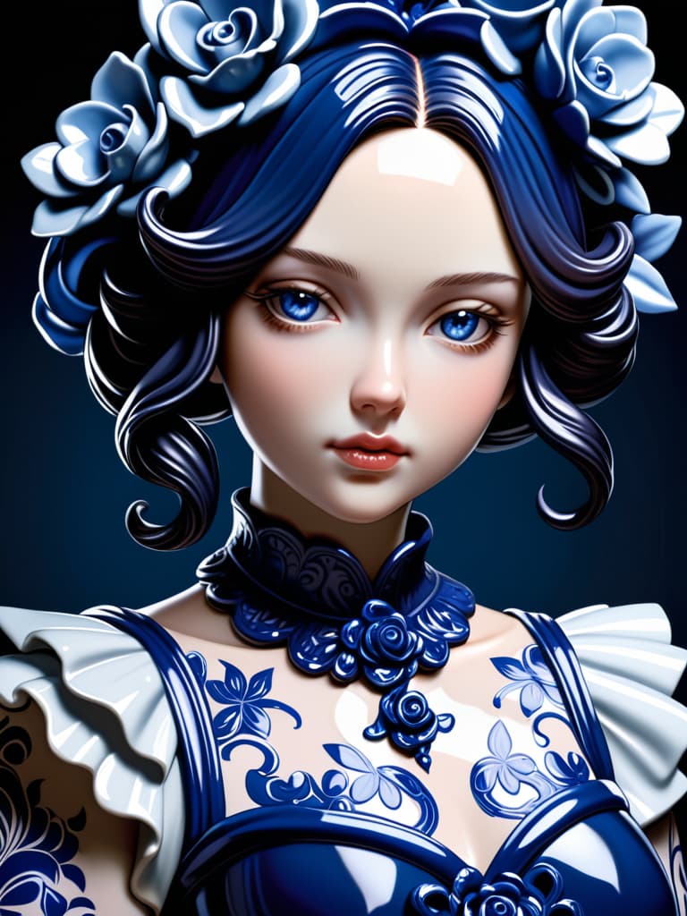  Close-up porcelain female figurine, looking to the camera, glossy surface, glaze, shiny, blue floral tattoos on her, dark gradient background, baroque dark style, hyperrealistic, CG society, intricate details