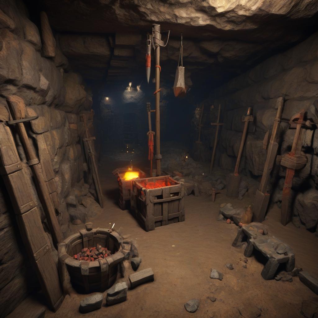  the medieval mine inside with ore and pickaxes is wide