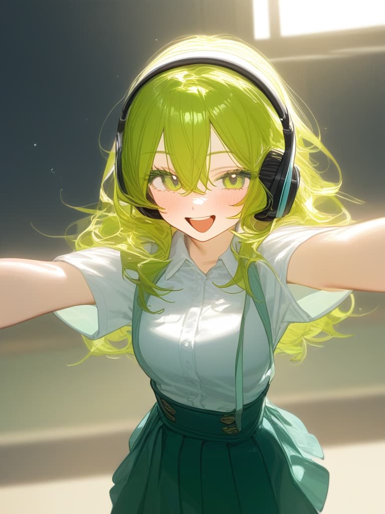  hagakure tohru bangs black clothes black blue clothing collared shirt dress shirt gloves hair between eyes long sleeves mini pleated uniform shirt shirt tucked in short sleeves rolled up sleeves uniform white shirt blush s age eyelashes woman (((with open arms:1.3))) (((i'm feeling excited))) (((headphones:1.3))) green eyes green hair big s medium length hair messy hair short hair teeth upper teeth upper teeth only smirk open mouth open mouth smile one arm outstretched smiling v sign looking at camera one woman alone english language english text text colored eyelashes curly hair ai created