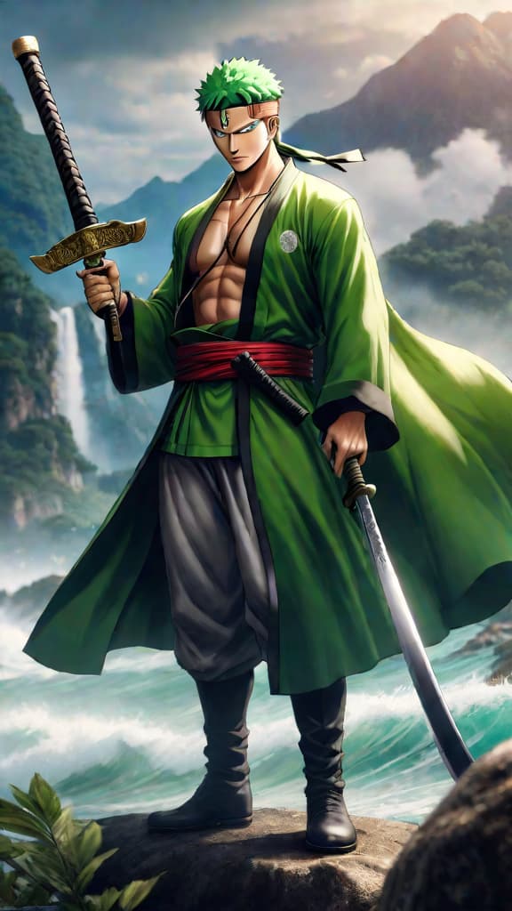  anime art: zoro uncovers the lost legendary blade infused with the spirit of an ancient warrior. hyperrealistic, full body, detailed clothing, highly detailed, cinematic lighting, stunningly beautiful, intricate, sharp focus, f/1. 8, 85mm, (centered image composition), (professionally color graded), ((bright soft diffused light)), volumetric fog, trending on instagram, trending on tumblr, HDR 4K, 8K