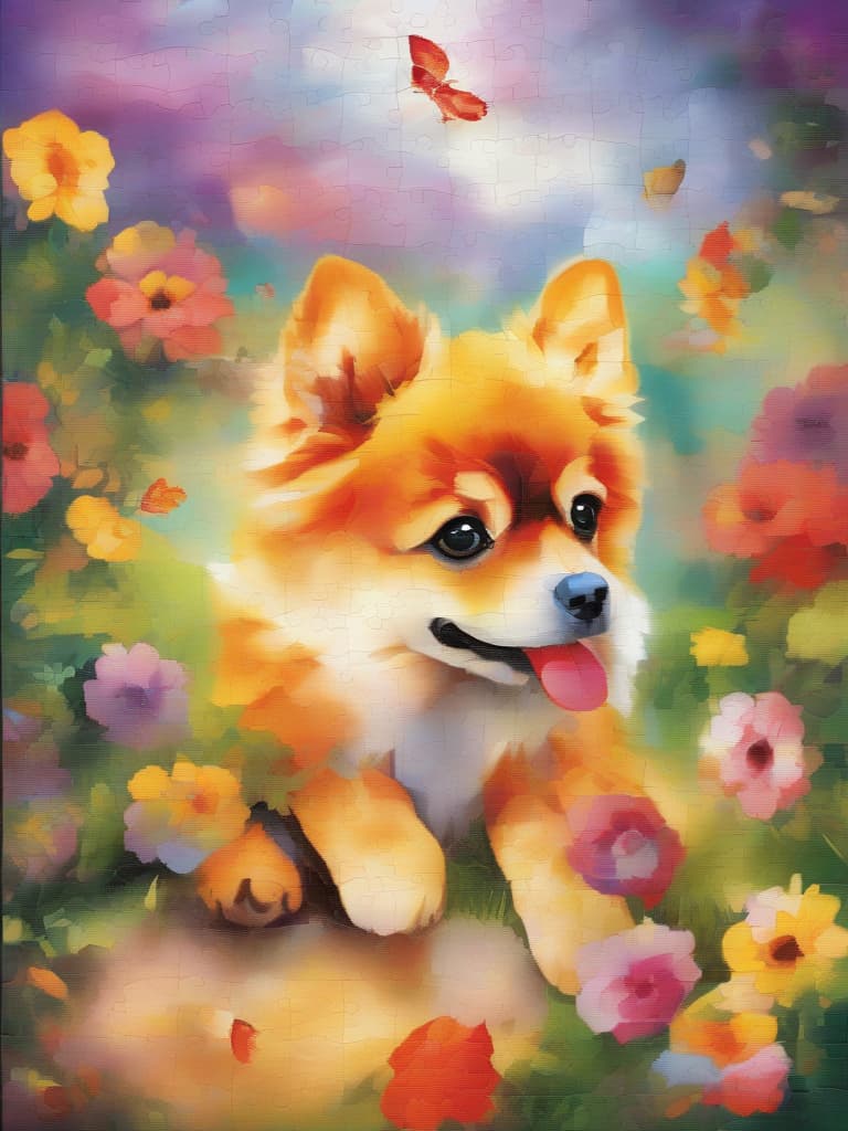  (jigsaw puzzle style screen,painting style)(separated by each piece)(1 piece) master piece (1 cute dog pomeranian)(jigsaw puzzle style composition:)(1 piece is off)(1 piece is off) super analysis,high quality,8k