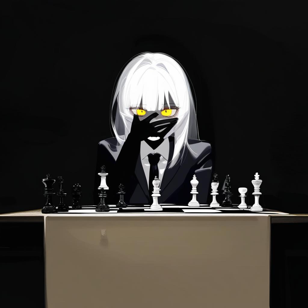  white hair anime woman with shadows concealing face, sitting in front of a table with a chess set on it,an evil empty white teeth smile on her face and only small hint of a singular yellow eye is visible, leaning on one hand with arrogance, black suit, black tie . best quality, high resolution