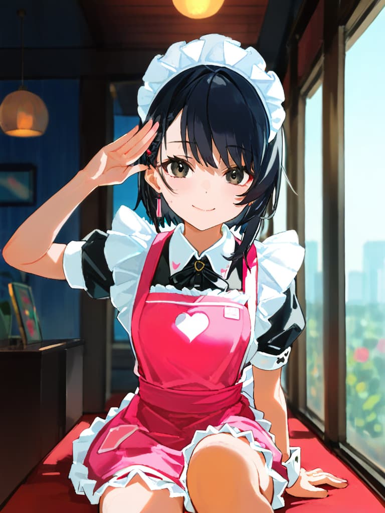  (super cute girl:2.0)(long black hair color:2.0)(black eye color:2.0)(smiling:1.5)(in cute maid outfit:2.0)(in shocking pink apron:1.5)(saluting:2.0)(from knees up:1.7) at entrance,masterpiece,high quality,super analysis,16k