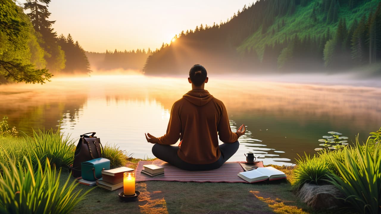  a serene sunrise scene featuring a person meditating by a tranquil lake, surrounded by nature, with a journal and a cup of herbal tea nearby, symbolizing mindfulness, visualization, and self reflection. hyperrealistic, full body, detailed clothing, highly detailed, cinematic lighting, stunningly beautiful, intricate, sharp focus, f/1. 8, 85mm, (centered image composition), (professionally color graded), ((bright soft diffused light)), volumetric fog, trending on instagram, trending on tumblr, HDR 4K, 8K