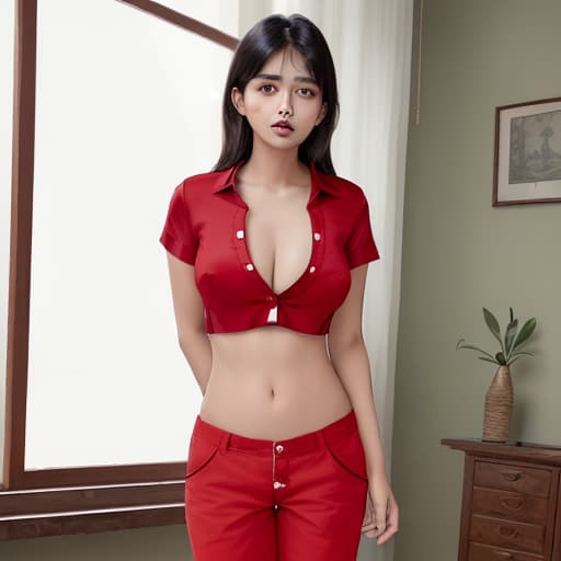  a indian lady wear the red shirt and must her shirt buttons are opened her very big chest opened show her bra and she wear small bottom wear