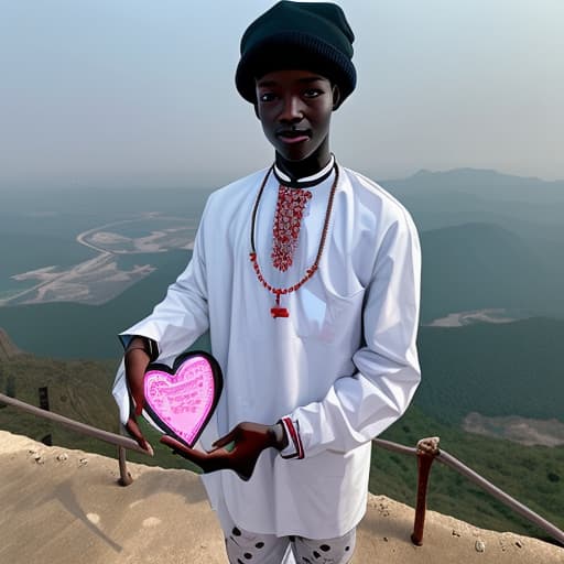  A Ghanaian boy standing beside a clean decorated human heart on top of a mountain