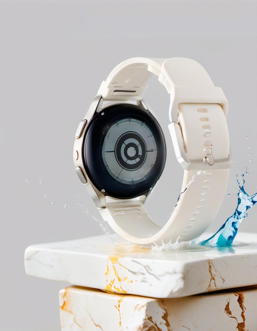  smart watch on white stone, in the background splashing water, light background, film photography style