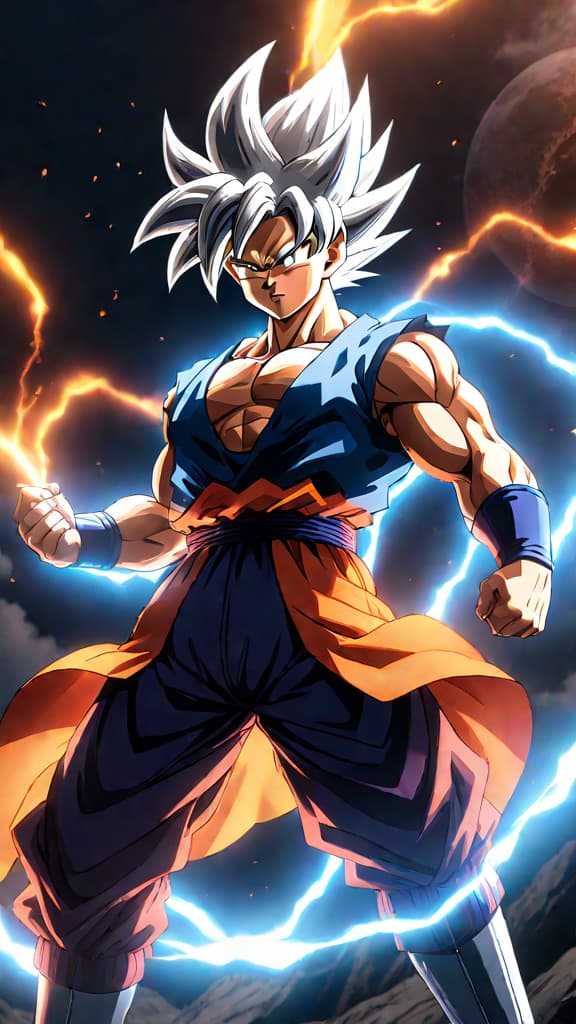  goku from dragon ball achieving ultra instinct with silver hair and eyes, glowing aura, anime art hyperrealistic, full body, detailed clothing, highly detailed, cinematic lighting, stunningly beautiful, intricate, sharp focus, f/1. 8, 85mm, (centered image composition), (professionally color graded), ((bright soft diffused light)), volumetric fog, trending on instagram, trending on tumblr, HDR 4K, 8K