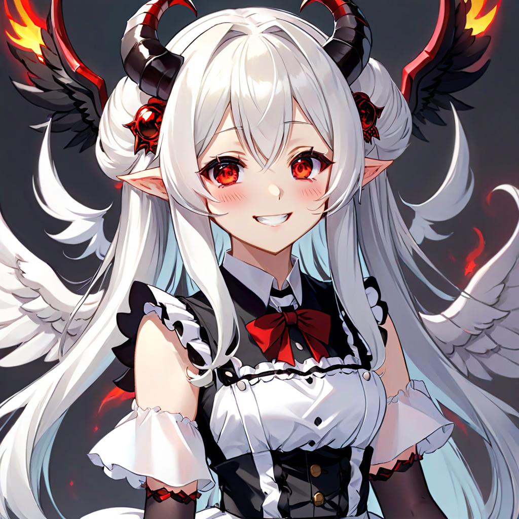  kawaii style anime, maid, girl, demon, smile, red eyes, black pupils, elven ears, white skin, long white hair, black horns, huge black wings, monotonous light background . cute, adorable, brightly colored, cheerful, anime influence, highly detailed