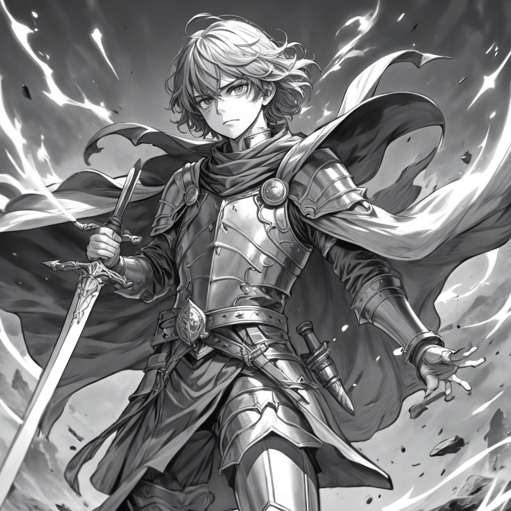  manga artwork fantasy, greyscale monochrome, manga materials, duel between knight and wizard, fullsize body view, legs. manga artist. manga, highly emotional. best quality, high resolution