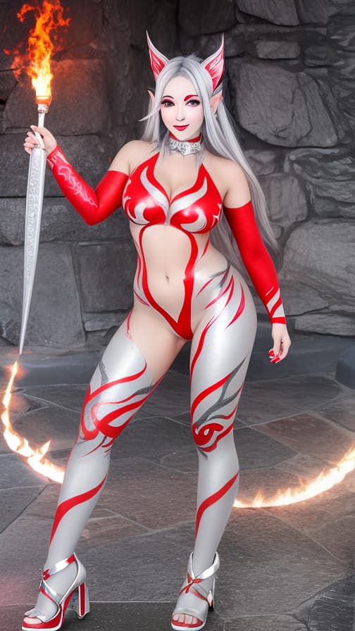  Full body red and silver flame pattern body paint,silver body paint on the whole body,grey face paint on the face, elf, full body image 女性