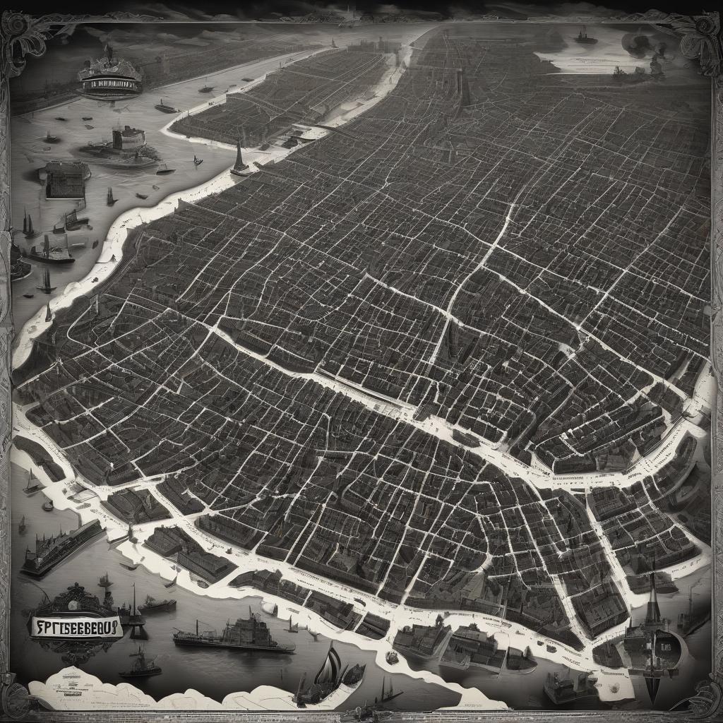  film noir style ancient map of st. petersburg. . monochrome, high contrast, dramatic shadows, 1940s style, mysterious, cinematic