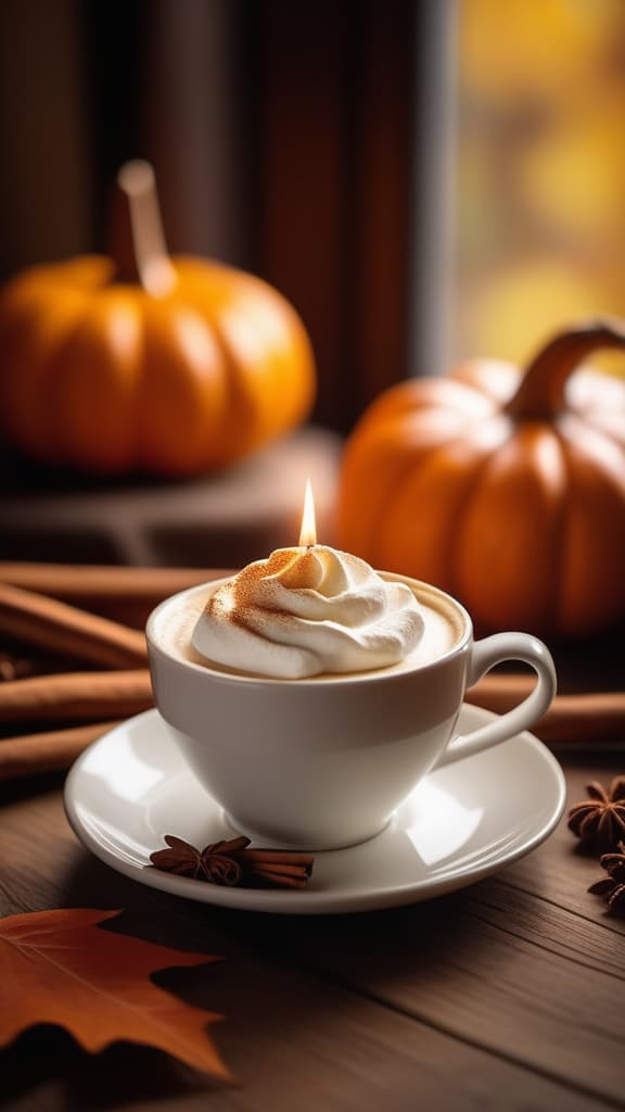 cinematic film style, white Cup of coffee with whipped cream and cinnamon stands on a saucer on a textured wooden table, cinnamon sticks lie nearby, pumpkins in the background, autumn leaves and bokeh lights, candles, warm autumn tones ar 9:16, shallow depth of field, vignette, highly detailed, high budget Hollywood movie, bokeh, cinemascope, moody, epic, gorgeous, film grain, grainy, sun rays and shadows on furniture and surfacesб flattering light, RAW photo, photography, photorealistic, ultra detailed, depth of field, 8k resolution , detailed background, f1.4, sharpened focus, sharp focus
