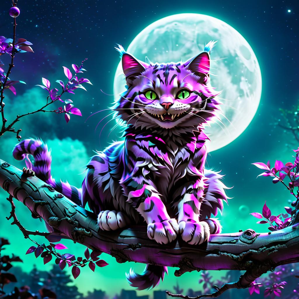  neonpunk style the cheshire cat smiles broadly and sits on a branch, purple black purple green colors, space, moon and planets in the background . cyberpunk, vaporwave, neon, vibes, vibrant, stunningly beautiful, crisp, detailed, sleek, ultramodern, magenta highlights, dark purple shadows, high contrast, cinematic, ultra detailed, intricate, professional, film photography style