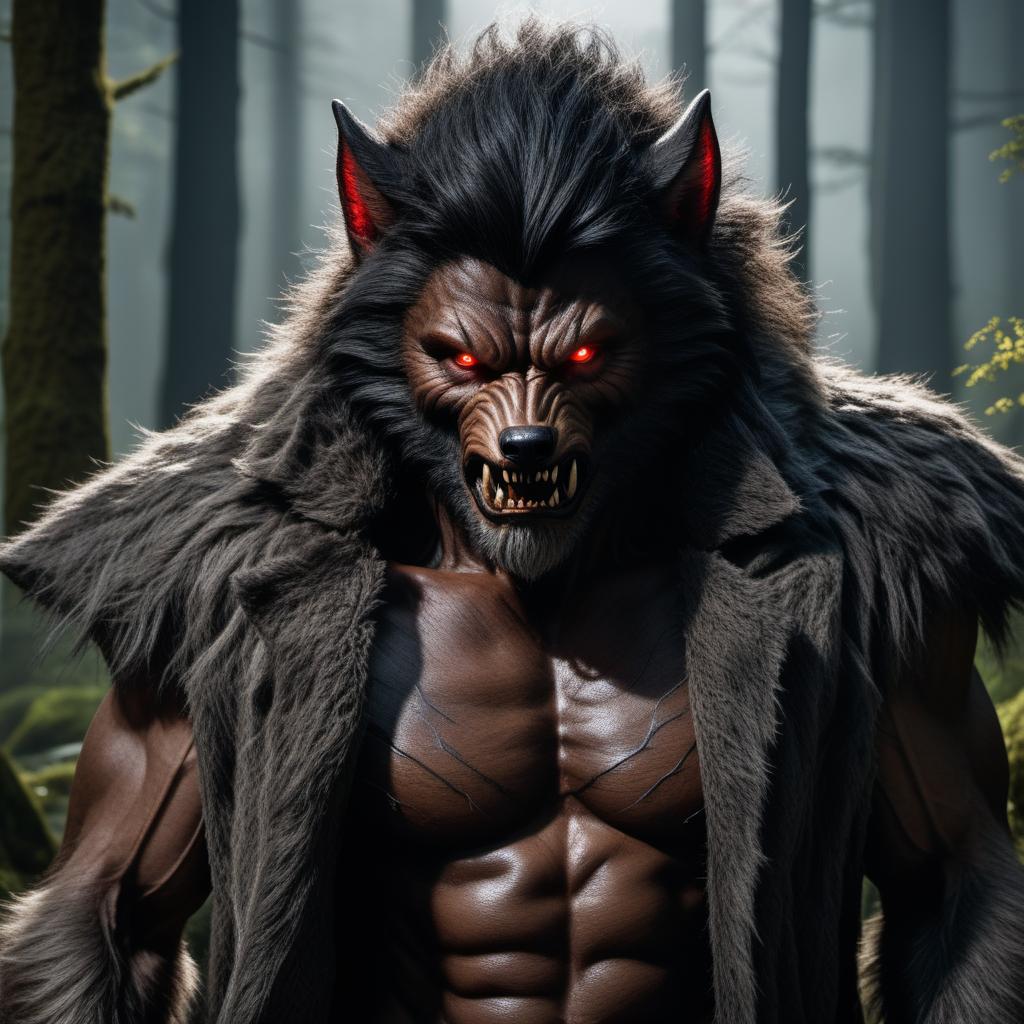  Sonny Olomua mid-transformation into a werewolf, with more human features. He has subtle werewolf traits such as elongated fangs, claws, and slight fur patches. The scene is set in a dense, moonlit forest with a full moon in the sky, capturing the eerie and mystical atmosphere associated with werewolves. He should appear more human but with a hint of the supernatural transformation. hyperrealistic, full body, detailed clothing, highly detailed, cinematic lighting, stunningly beautiful, intricate, sharp focus, f/1. 8, 85mm, (centered image composition), (professionally color graded), ((bright soft diffused light)), volumetric fog, trending on instagram, trending on tumblr, HDR 4K, 8K