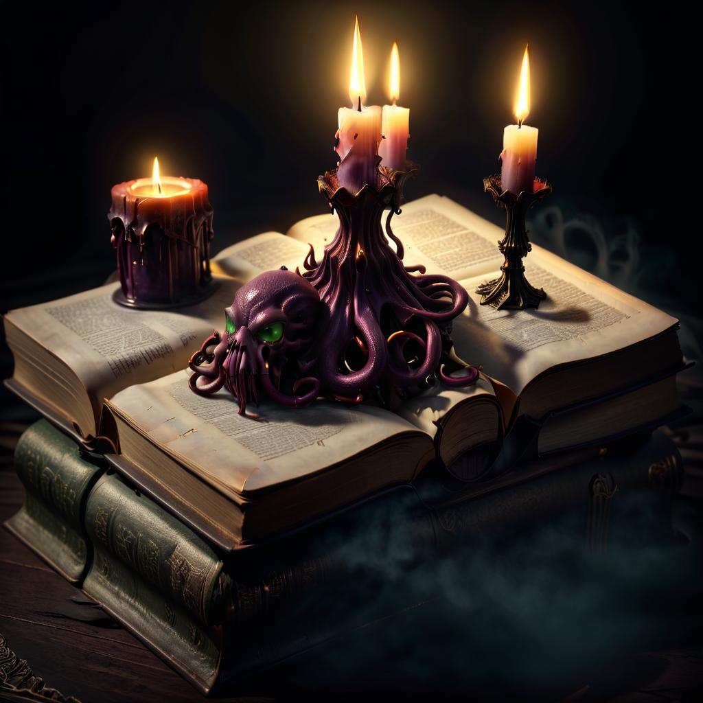  professional 3d model dark horror cthulhu pedestal and some candles are lit up on top of an open book . octane render, highly detailed, volumetric, dramatic lighting, civitai