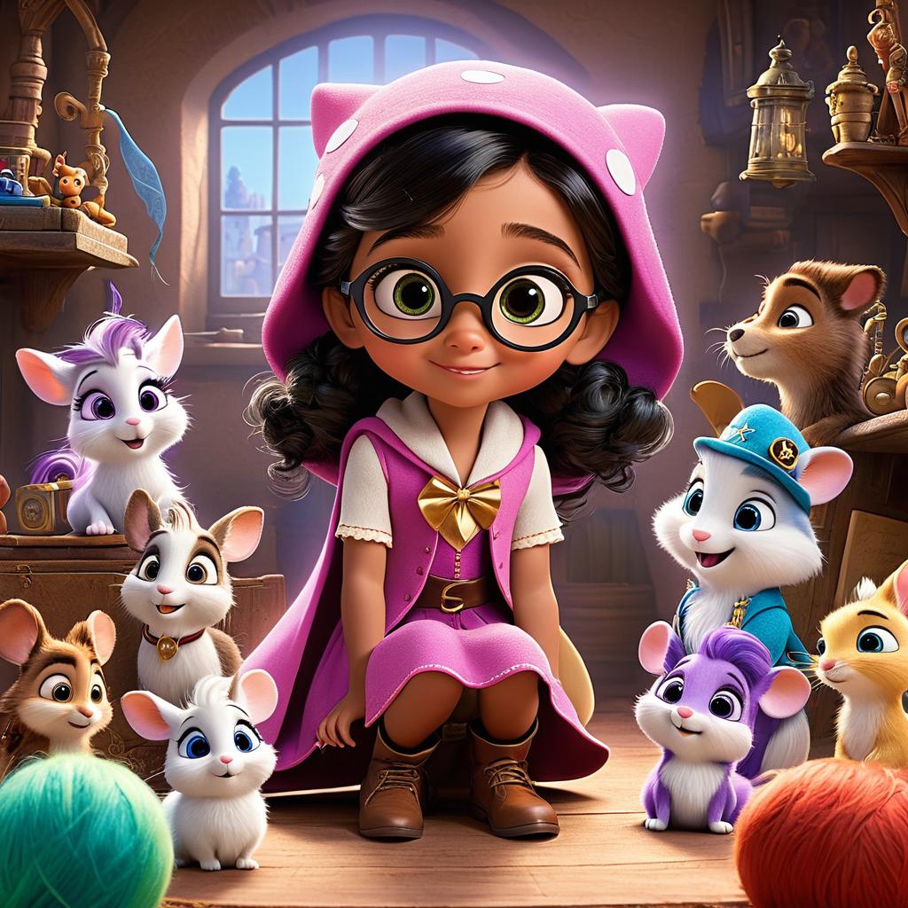  in 3d animated movie style. disney pixar style. fatima, 6, in pink dress with white polka dots, sweet, obedient, curious. mr. snuggles, wise, caring, bowtie, top hat. luna the unicorn, graceful, magical, purple saddle. captain bubbles, brave, golden pirate hat, eye patch. whiskers the mouse, clever, mischievous, vest, spectacles. mr. oakey, mysterious, green felt cloak, wizard's hat. all return to normal size in fatima's room post magical adventure. room: cozy, magical, toys, colorful decorations, stardust remnants. art: high res pixar 3d animated film. color: soft pastels, vibrant hues, warm lights. camera: slightly elevated view of characters amidst toys, focusing on interactions and magical elements.