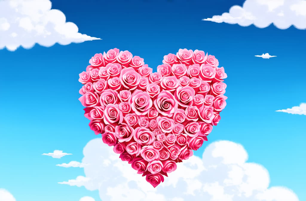  flat illustration, flaticon, (illustration:1.15), three dimensional photography ((((huge heart of pink roses))))) soaring in the clouds. free space for text ar 3:2, [cory loftis, strobist, pascal campion :: 0.2]