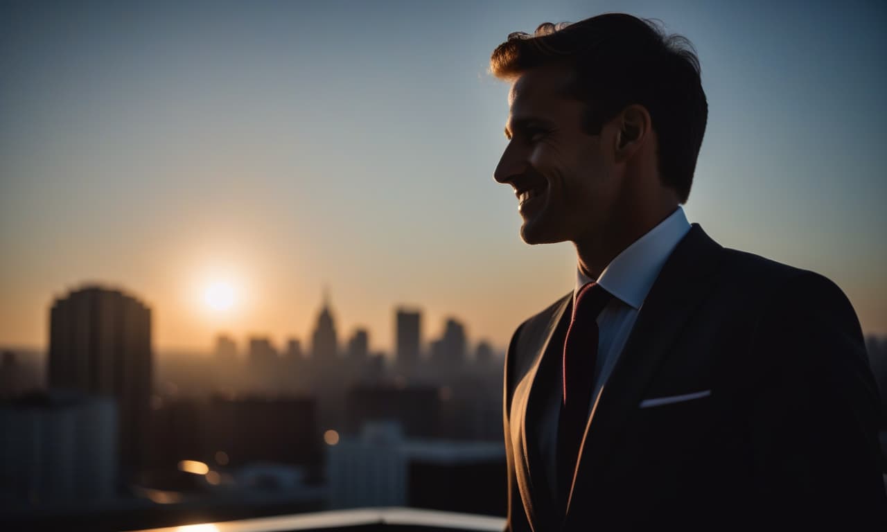  cinematic film still sunrise in the background, a piece of sun is visible, in the foreground on the side of a man in a suit, slightly smiles, close up face, photorealism, in the background the silhouette of the city in a blurred focus is slightly dark, the figure of a person is illuminated with a soffit . shallow depth of field, vignette, highly detailed, high budget, bokeh, cinemascope, moody, epic, gorgeous, film grain, grainy