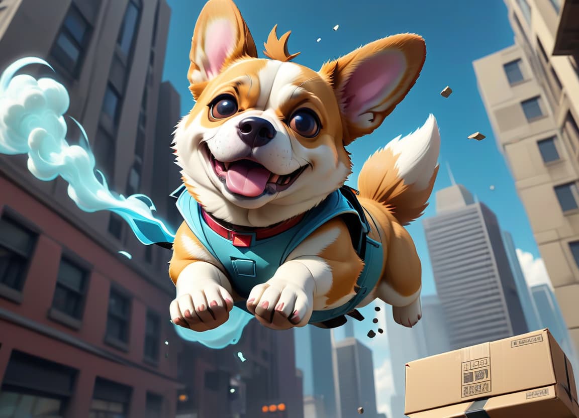  fighting game style corgi runs through a modern city. a crypt falls from the sky. boxes on large parachutes fall from the sky . dynamic, vibrant, action packed, detailed character design, reminiscent of fighting video games, t shirt design