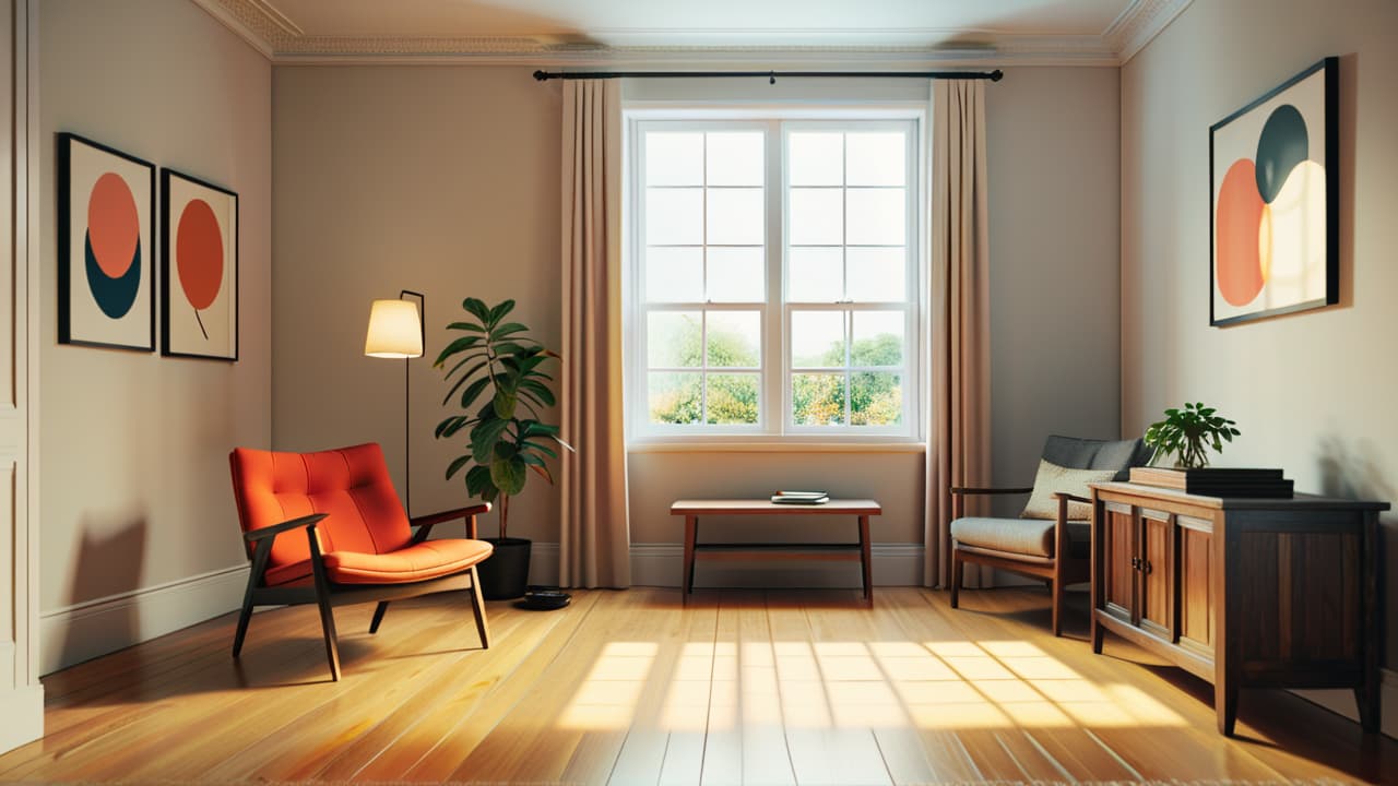  a serene room with natural light, featuring a single potted plant, a simple wooden table, and a cozy chair. a minimalist art piece adorns the wall, emphasizing tranquility and simplicity. hyperrealistic, full body, detailed clothing, highly detailed, cinematic lighting, stunningly beautiful, intricate, sharp focus, f/1. 8, 85mm, (centered image composition), (professionally color graded), ((bright soft diffused light)), volumetric fog, trending on instagram, trending on tumblr, HDR 4K, 8K