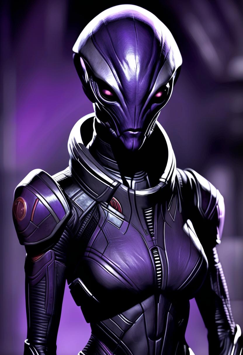  solo, photorealism, high detailed, mass effect reference, charatcer, alien, tali zora, quarian, in mask, original desine, purple and black