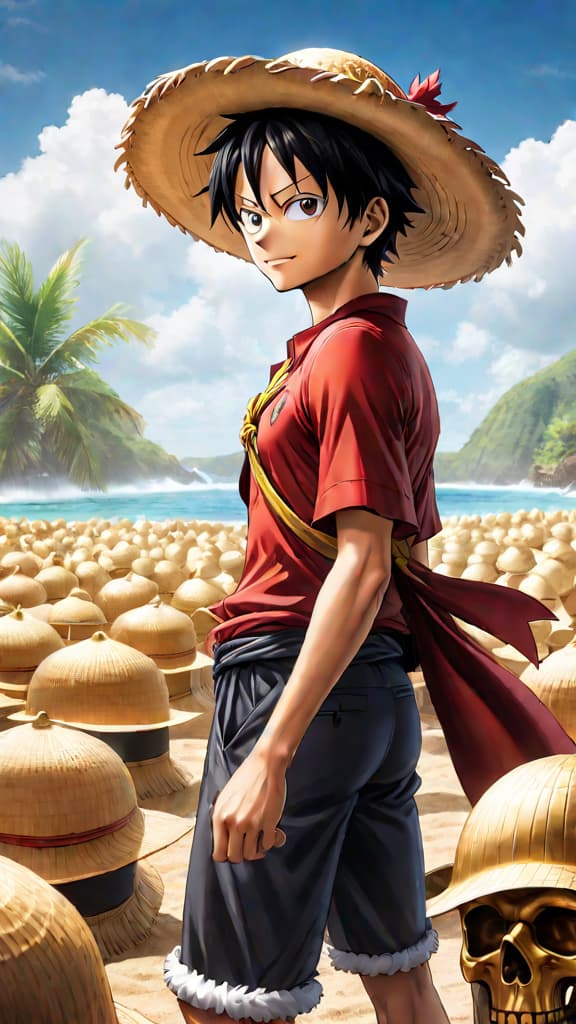  anime art: luffy returns shanks' straw hat at elbaf, giants witness climax of pirate king journey. hyperrealistic, full body, detailed clothing, highly detailed, cinematic lighting, stunningly beautiful, intricate, sharp focus, f/1. 8, 85mm, (centered image composition), (professionally color graded), ((bright soft diffused light)), volumetric fog, trending on instagram, trending on tumblr, HDR 4K, 8K