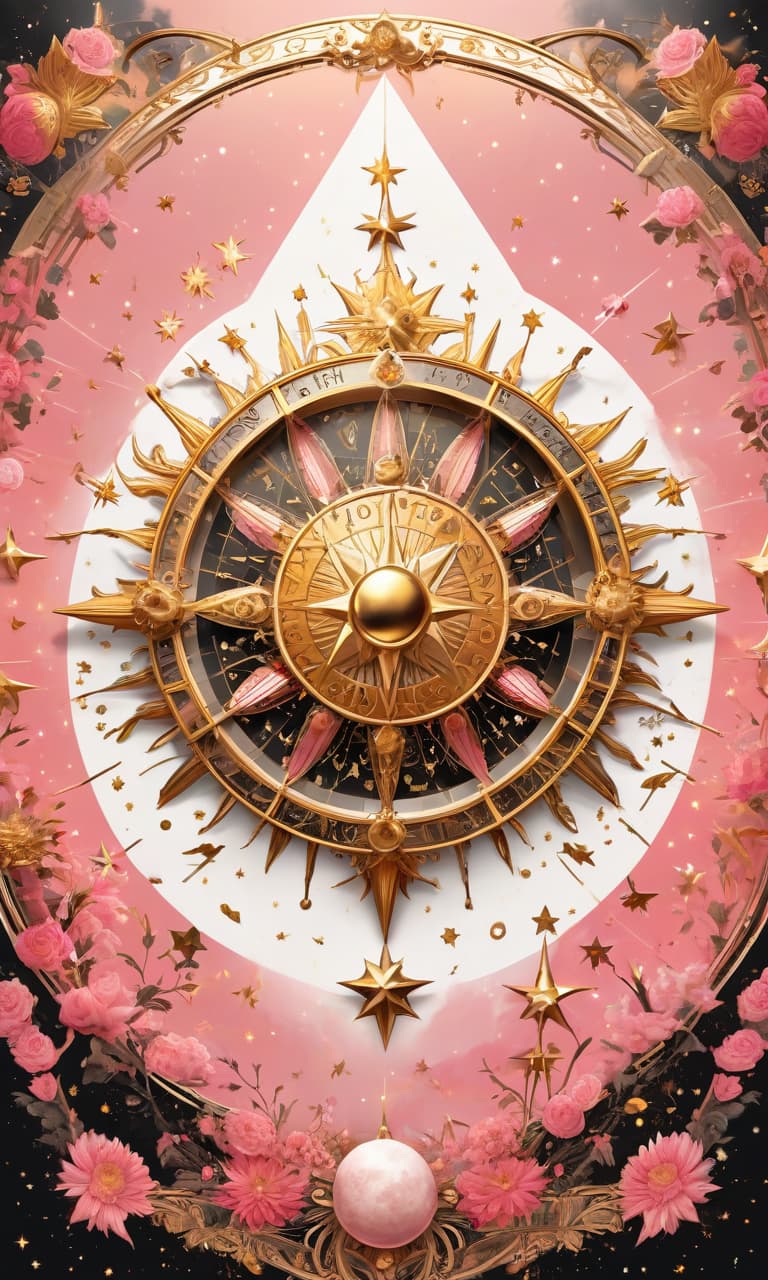  concept art pink, gold, black, white tarot wheel of fortune everywhere stars, moon, sun . digital artwork, illustrative, painterly, matte painting, highly detailed, perfect hands