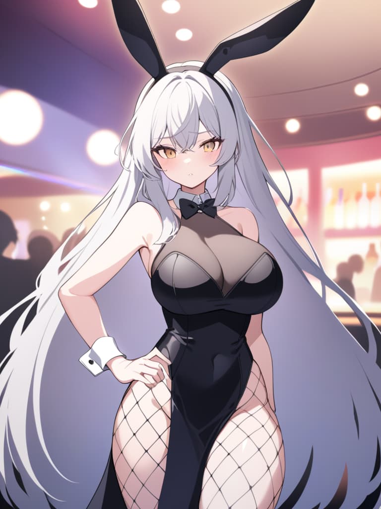  a and confident bunny in a sleek,black bunny suit that tightly hugs her curves. she wears white cuffs,a bowtie,and fishnet stockings that accentuate her legs. her outfit shines under the dim,sultry lights of a casino or nightclub setting,with a small,fluffy tail visible on her lower back. she stands with one hand on her hip,striking a confident pose,while her other hand lightly adjusts one of her long bunny ears. beads of sweat glisten on her skin,adding to the intensity of the moment. the background is filled with blurred lights and faint reflections of casino tables,creating a luxurious yet slightly dangerous atmosphere.