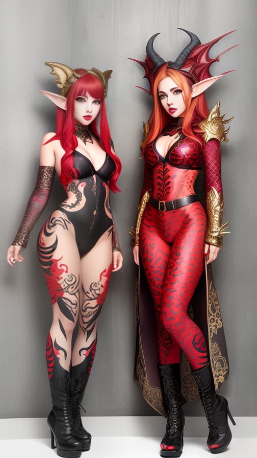  Red and G old dragon pattern face paint, golden dragon and red dragon pattern body paint in every corner of the whole body, Grey body paint, two elf sisters, full body image 女性