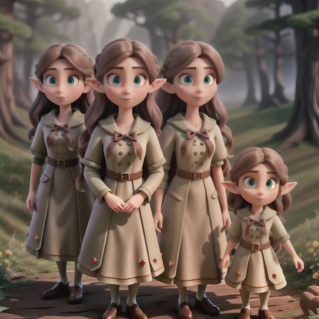  Three sisters in different color dresses with pointy ears like elves with long brown hair hyperrealistic, full body, detailed clothing, highly detailed, cinematic lighting, stunningly beautiful, intricate, sharp focus, f/1. 8, 85mm, (centered image composition), (professionally color graded), ((bright soft diffused light)), volumetric fog, trending on instagram, trending on tumblr, HDR 4K, 8K