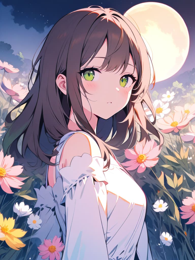  masterpiece,(pink,light blue,green,white,brown pastel watercolor style:2.0),(full moon night:1.5)(cosmos flowers and silver grass:1.7),( beautiful girl),(green eye color:1.5)(long brown hair:2.0) (in white dress:1.5)high resolution,8k