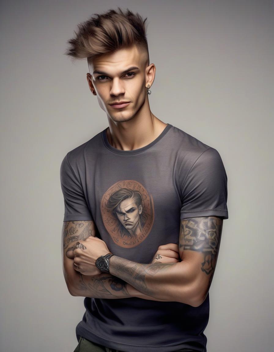  a daring, charismatic young man with a cunning grin, a stern face, high cheekbones, brown eyes and thick hair, looks cunningly with a squint, in tattoos, european appearance, light skin, dressed in a t shirt with open shoulders and sports pants, one hand stretch forward and palm open, photo, realism, a living person, a real person,