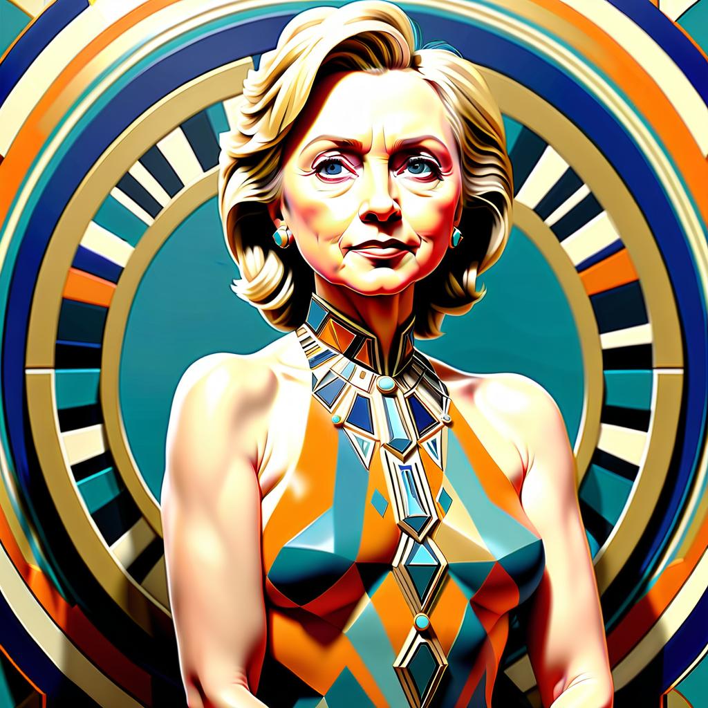  art deco style hillary clinton, full length, naked, naked. . geometric shapes, bold colors, luxurious, elegant, decorative, symmetrical, ornate, detailed