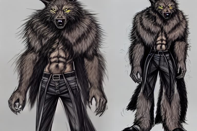  1. Character Design: The character will have a blend of human and werewolf features. His face will retain some of his human characteristics, but with the addition of wolf-like features such as fur, pointed ears, and sharp eyes. 2. Clothing and Accessories: He will be wearing a formal suit, similar to the one in the werewolf image you provided. I’ll add a large fur collar to enhance the werewolf aspect. 3. Weapon: In one hand, he will be holding a large, futuristic blade similar to those seen in the “Bleach” anime. 4. Background: The background will depict a futuristic Earth dominated by AI technology, with towering structures, glowing screens, and a cyberpunk aesthetic.