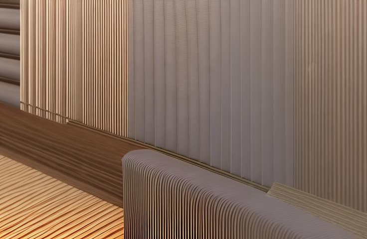  vertical panel design featuring narrow, evenly spaced vertical slats in a light wooden texture. each slat is rectangular and has a consistent height and width, creating a rhythmic pattern across the surface. the slats are positioned closely together, casting subtle shadows in the gaps between them. the background behind the slats is darker, providing contrast and highlighting the light color and fine wood grain texture of the slats. the overall lighting is soft, accentuating the smoothness and natural texture of the wood without harsh reflections. floor, and ceiling will remain untouched hyperrealistic, full body, detailed clothing, highly detailed, cinematic lighting, stunningly beautiful, intricate, sharp focus, f/1. 8, 85mm, (centered im