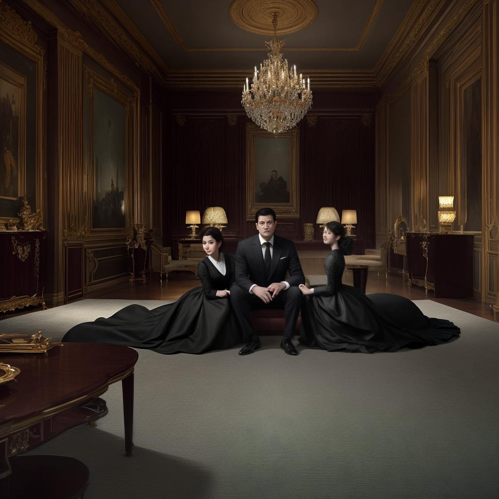  masterpiece, best quality, The powerful young couple stands confidently, flanked by their two older subjects kneeling on the floor, creating a striking visual contrast. The luxurious, dimly lit room is filled with elegant furniture and intricate details, adding to the regal and sophisticated atmosphere. The dramatic and cinematic style highlights the dynamic between the generations, emphasizing authority and respect. Realized in high dynamic range for enhanced depth and detail, capturing the richness of the scene.