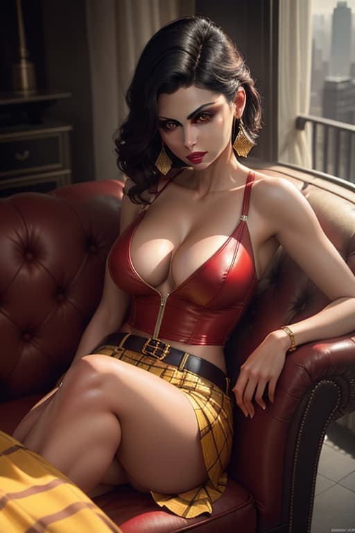  Morena Baccarin, carmine red lips, dark makeup, yellow suit, yellow tartan, short skirt, slit skirt, suspender belt, medium breasts, deep cleavage, no bra, armchair, Manhattan balcony, front view hyperrealistic, full body, detailed clothing, highly detailed, cinematic lighting, stunningly beautiful, intricate, sharp focus, f/1. 8, 85mm, (centered image composition), (professionally color graded), ((bright soft diffused light)), volumetric fog, trending on instagram, trending on tumblr, HDR 4K, 8K