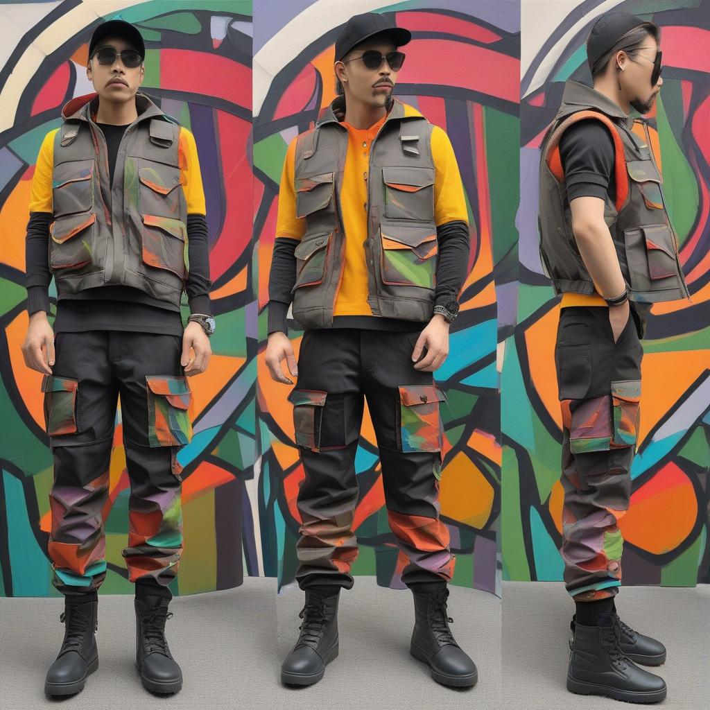  masterpiece, best quality,A colorful vest with cargo pants ,