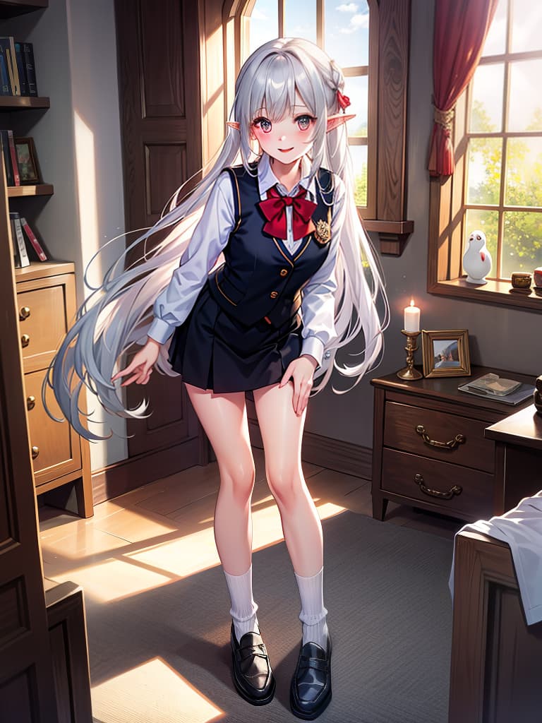  masterpiece,fullbright,sun light,sun flare,flare ghost,light particle,solo,,kawaii,glamorous lips,glossy lips,joy,happy smile,parted lips,puffy lips,pointy ears,elf,skinny,healthy,narrow waist,full ,long hair,silver hair,crimson eyes,fantasy,(wearing uniform,collared shirt,bow tie,mini,knit vest,age cutout,socks,loafer),(standing,bent over, together foots apart,both hands on ,put on ),(in clroom, atmosphere).