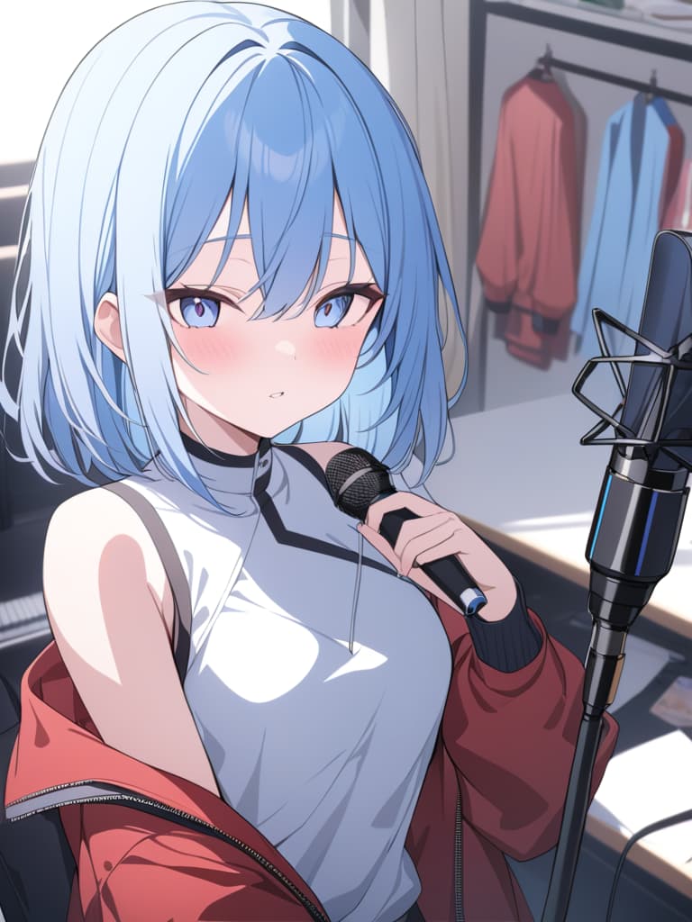  light blue hair, light blue, bob hair, having a microphone, live, let's do it, red jacket, masterpiece, best quality,8k,ultra detailed,high resolution,an extremely delicate and beautiful,hyper detail