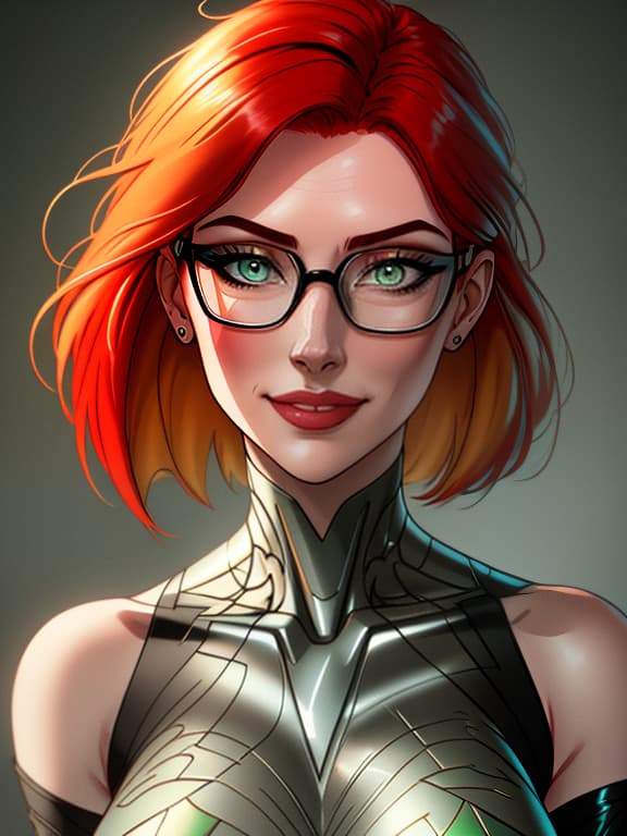  red haired girl with bob, green eyes, glasses in toxic suit, full length, photorealistic, hyperrealistic, hyperdetailed, analog style, demure, detailed skin, pores, smirk, smiling eyes, matte skin, soft lighting, subsurface scattering, realistic, heavy shadow, masterpiece, best quality, ultra realistic, 8k, golden ratio, intricate, high detail, film photography, soft focus hyperrealistic, full body, detailed clothing, highly detailed, cinematic lighting, stunningly beautiful, intricate, sharp focus, f/1. 8, 85mm, (centered image composition), (professionally color graded), ((bright soft diffused light)), volumetric fog, trending on instagram, trending on tumblr, HDR 4K, 8K