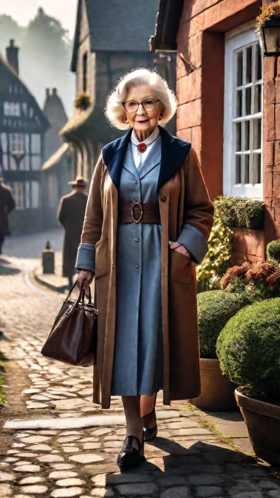  elderly lady dorothy in a cozy english village, with a sinister looking doctor harold shipman in the background. hyperrealistic, full body, detailed clothing, highly detailed, cinematic lighting, stunningly beautiful, intricate, sharp focus, f/1. 8, 85mm, (centered image composition), (professionally color graded), ((bright soft diffused light)), volumetric fog, trending on instagram, trending on tumblr, HDR 4K, 8K