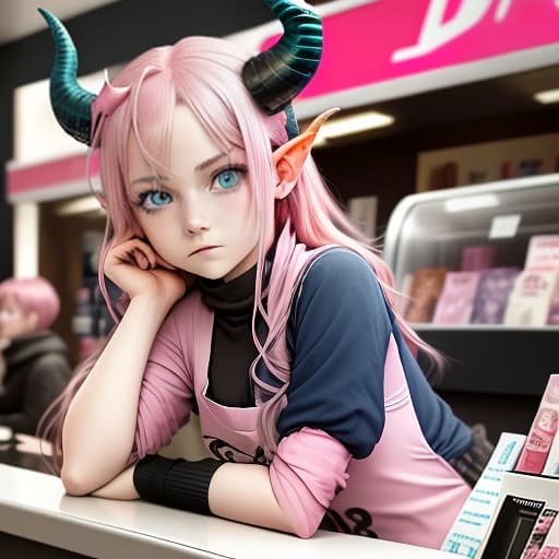  a girl with horns and blue eyes and pink hair sits behind a store counter