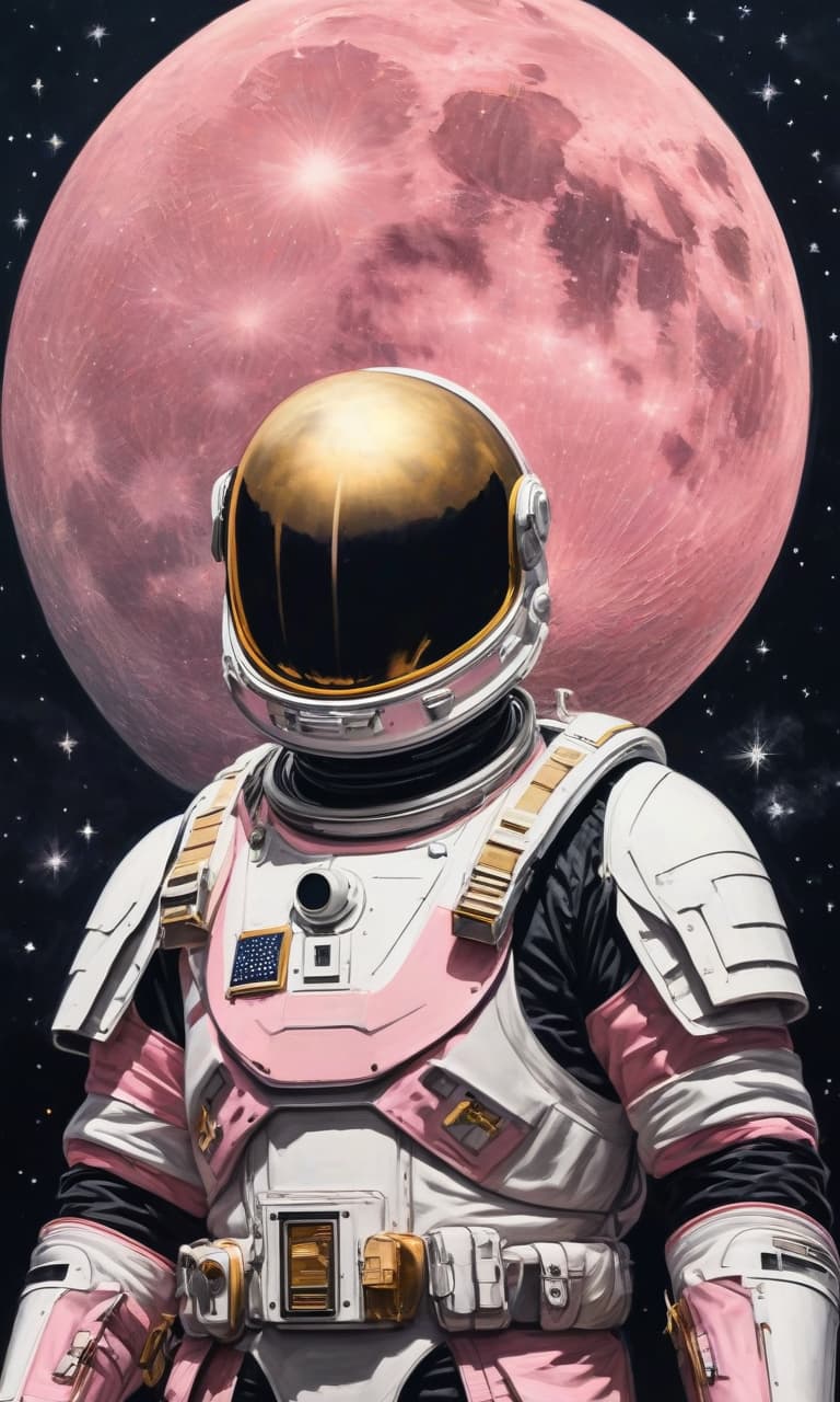  concept art color pink, white, black, gold night sky on the background of the moon stands a man facing us in the hands of a helmet . digital artwork, illustrative, painterly, matte painting, highly detailed, perfect hands