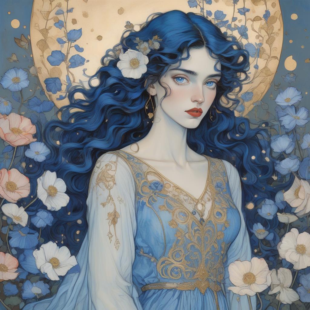  concept art a painting of a woman with flowing curly hair, bright blue eyes, and red lips, wearing a blue dress with gold accents, surrounded by white flowers. painting by arthur rackham and egon schiele depicting a fair skinned goddess, striking blue eyes, long wavy black hair, blue and white anemones, deep blue morning glories, crimson poppies, cream and peach toned roses, filigree, ornamental metallic gold details, hidden ears, no visible jewelry, delicate freckles, subtle golden highlights, soft pink lips, ethereal beauty, golden embellishments, cosmic motifs, crescent moon, stars, art nouveau style, iridescent hummingbirds, silken garment, blue and muted gold hues, luxurious, dreamy atmosphere. . digital artwork, illustrative, painter