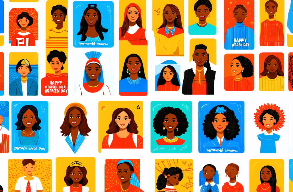  happy international women's day. march 8th. different races and nationalities. colored hand drawn vector illustrations. set of cards and seamless pattern ar 3:2 {prompt}, maximum details