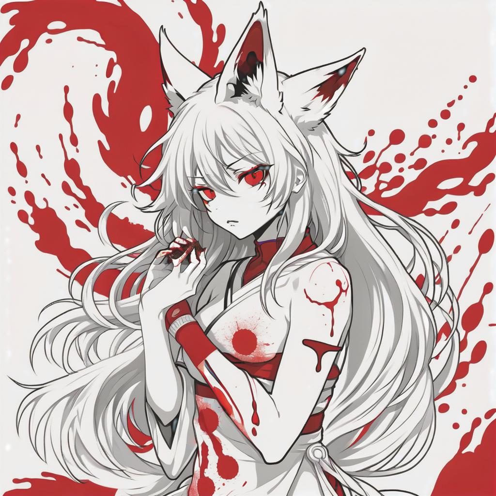  line art drawing wounded blood kitsune girl, same nightmare. anime style . professional, sleek, modern, minimalist, graphic, line art, vector graphics