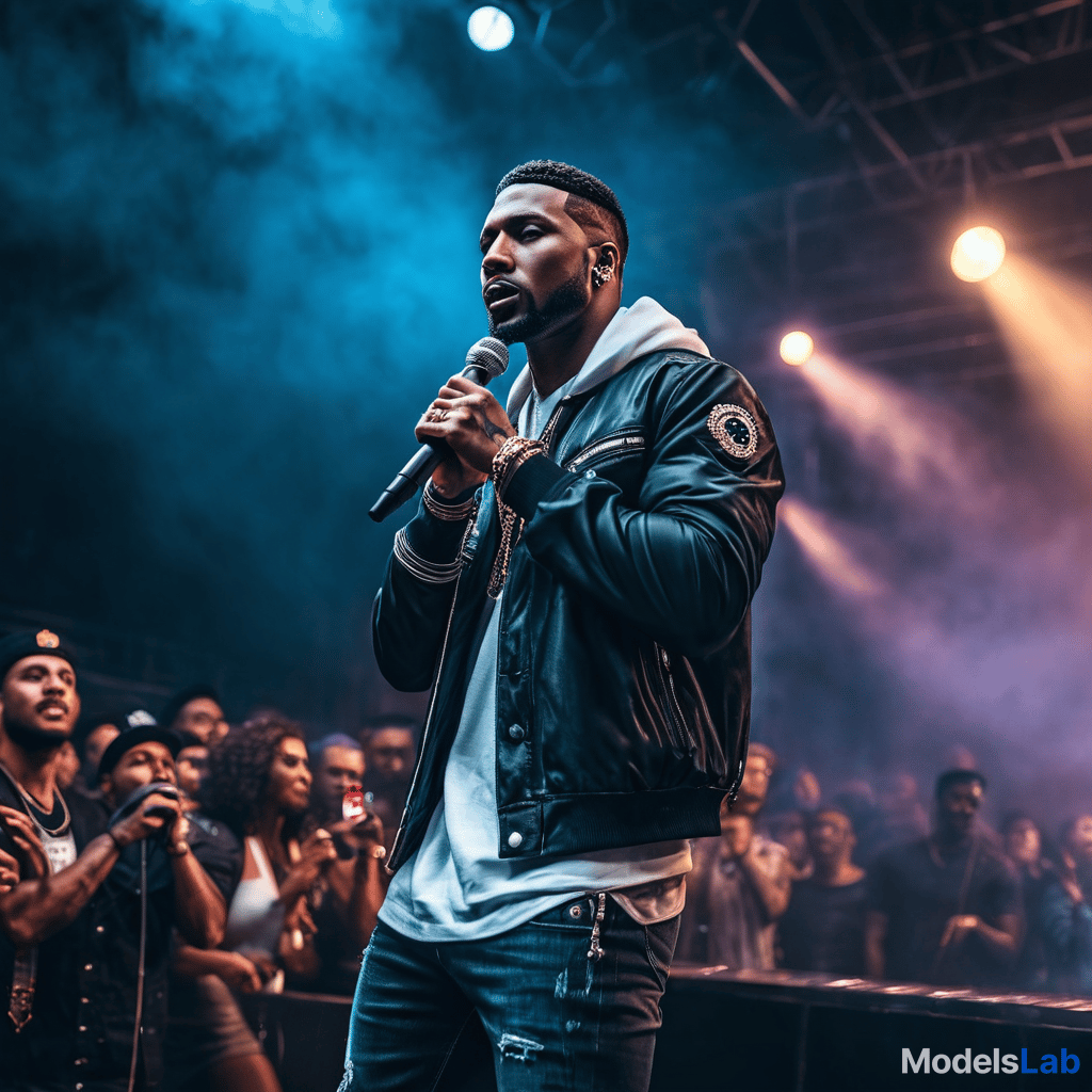  a rapper having stage concert with too crowd and amazing lightning hyperrealistic, full body, detailed clothing, highly detailed, cinematic lighting, stunningly beautiful, intricate, sharp focus, f/1. 8, 85mm, (centered image composition), (professionally color graded), ((bright soft diffused light)), volumetric fog, trending on instagram, trending on tumblr, HDR 4K, 8K