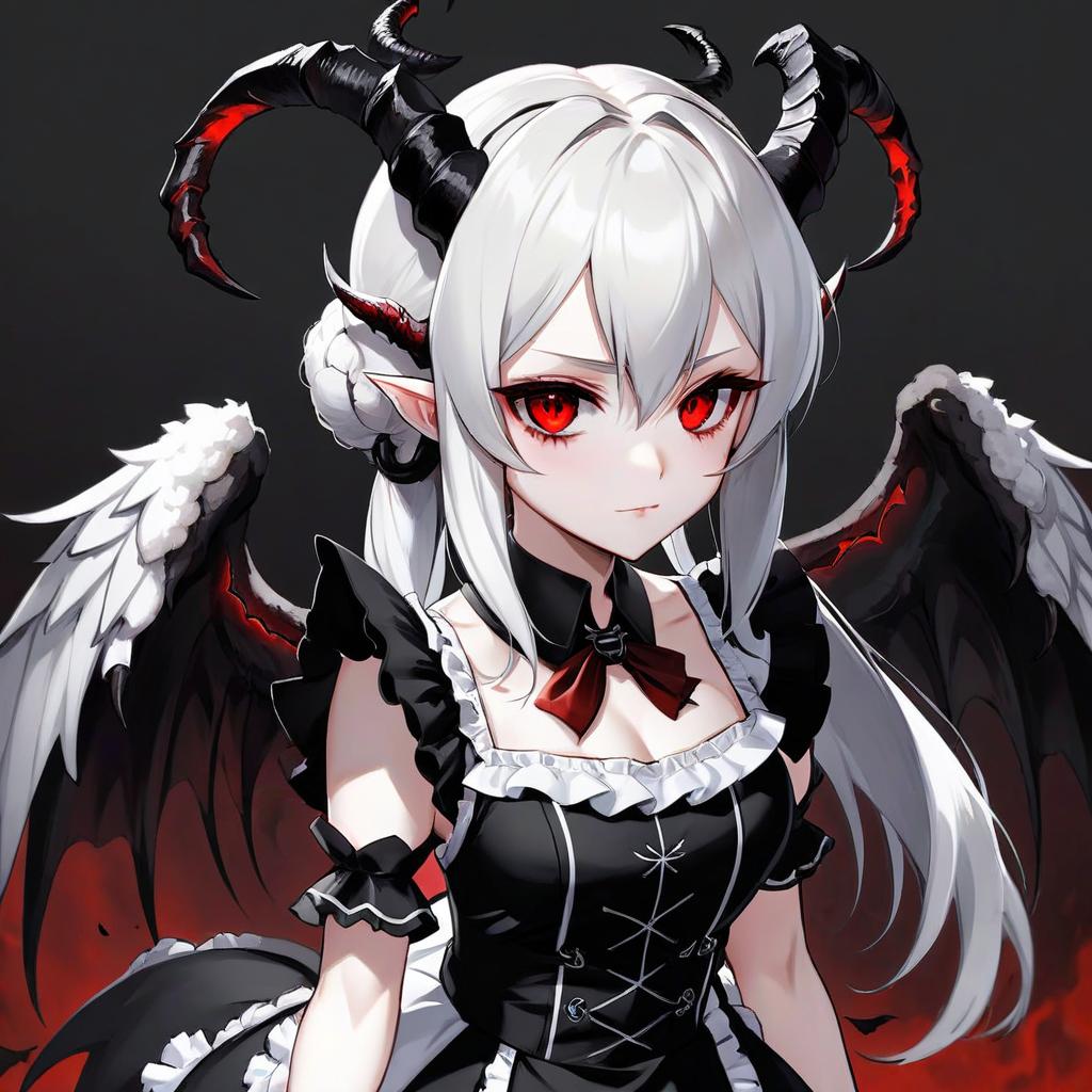  anime, maid, girl, demon, succubus, anime blush, red eyes, black pupils, elven ears, white skin, white hair, black lamb horns, thin handles, huge demonic black wings, black tail, monotonous light background